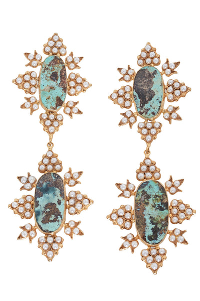 Christie Nicolaides Cleon earrings in Gold and Turquoise Hire.