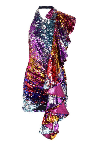 Ruffled sequined tulle halterneck mini dress