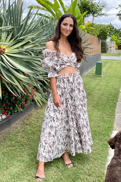 Pleated bodice and midi skirt