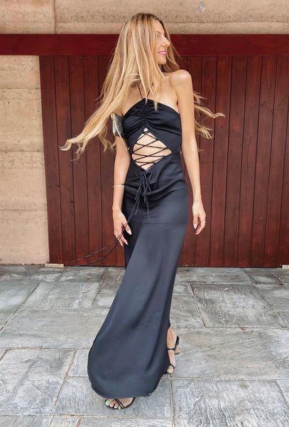 Lattice waist black tie dress