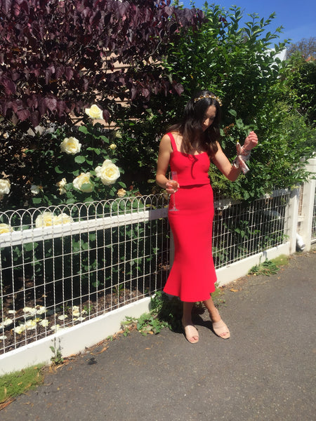 Scanlan Theodore Crepe Knit Bralette dress for hire in red. Front product view.