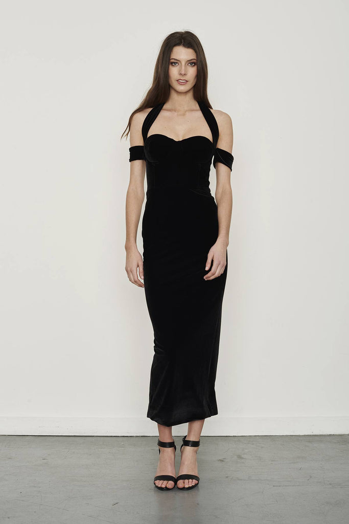 Misha Collection Velvet Look black midi dress with bustier halter neckline.