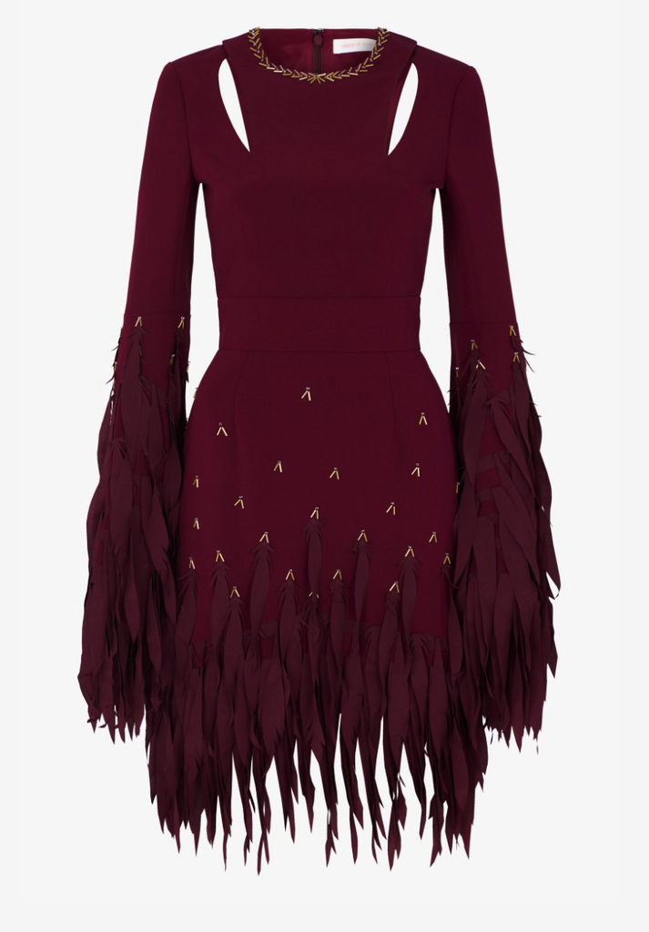 Long Sleeve Marron silk dress with feathery look fringing and gold beads.