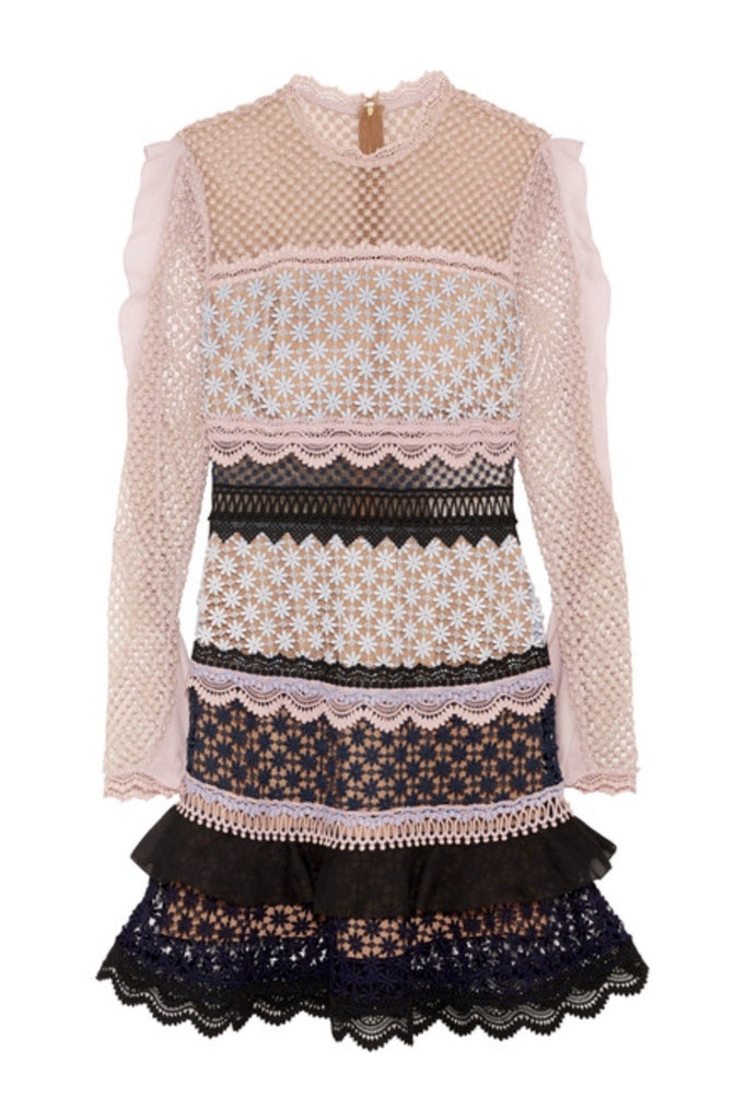 Mauve, pink and black intricately detailed panel mini dress.