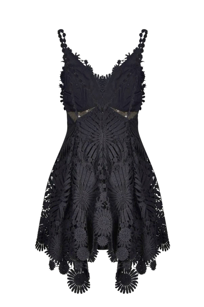 front view black floral lace dress for hire by Thurley
