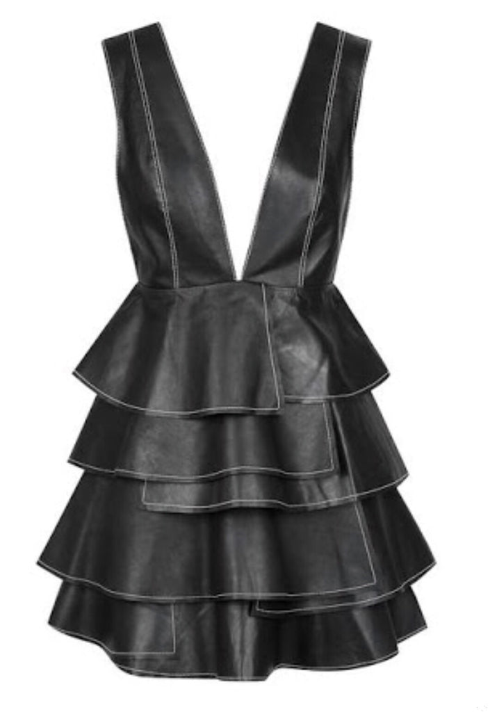 100% genuine leather mini dress by Australian designer Aje the Label available for hire. The Bansia dress features a Deep V-Neckline and ruffled skirt.