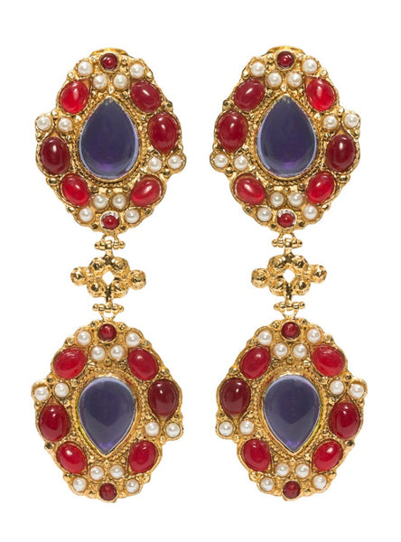 product shot of christie nicolaides carlotta earrings featuring hammered brass and gold, red & pearl stones
