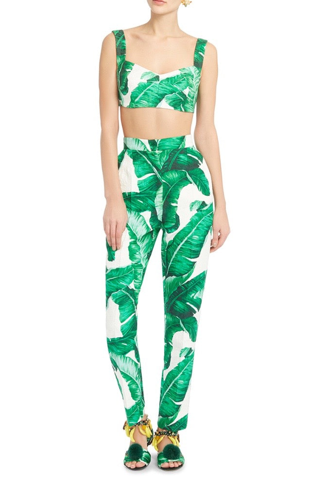 Front view of Dolce and Gabbana palm leaf print crop top and matching full length high waisted pants.