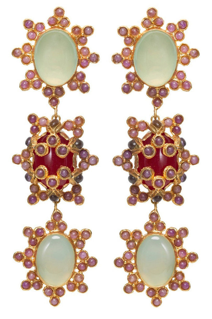 Christie Nicolaides Hammered Brass Aemilia Earrings with red and green gemstones.
